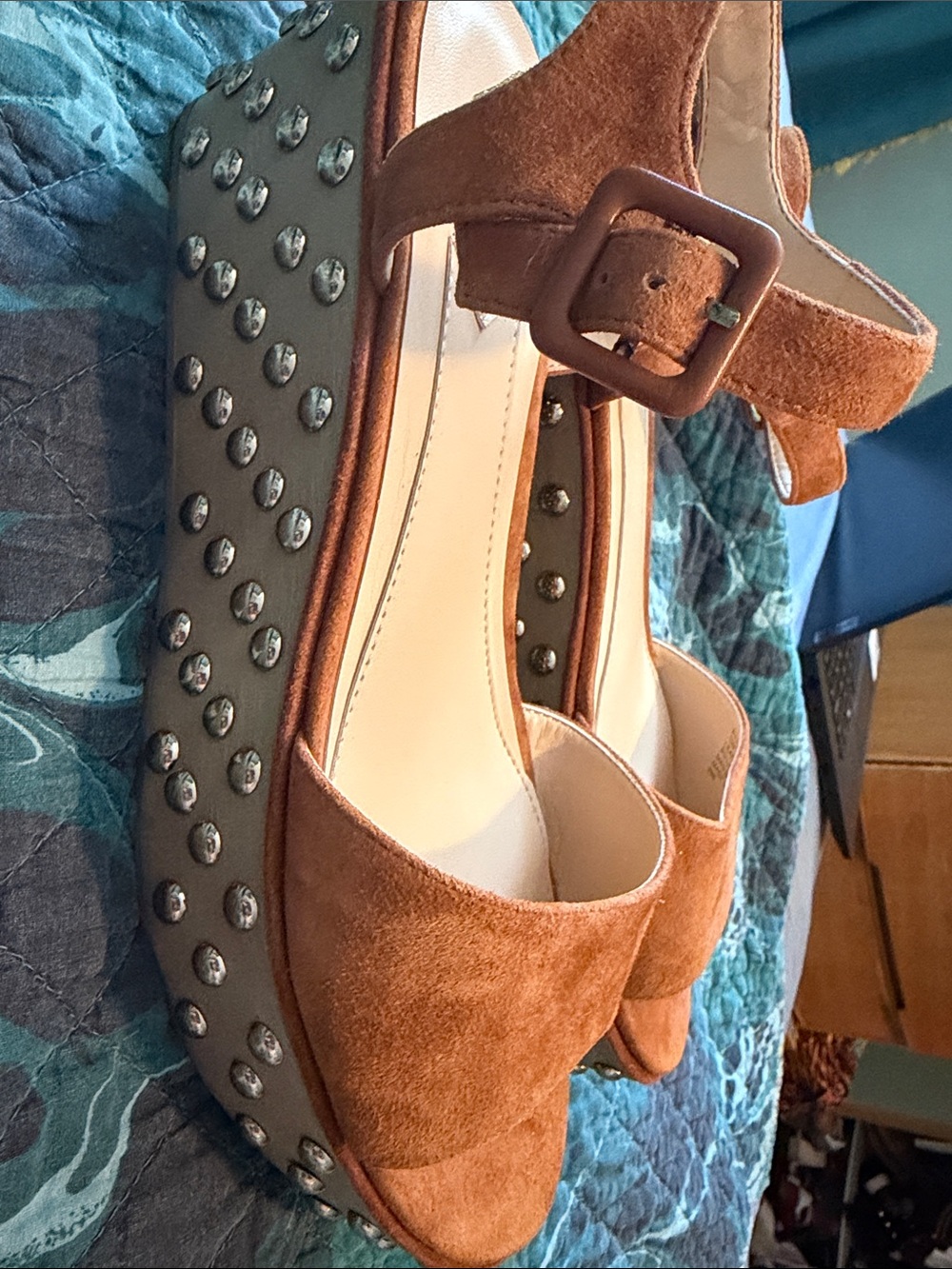 Brian Atwood Brown Studded Suede Wedge Sandals with Ankle Buckle